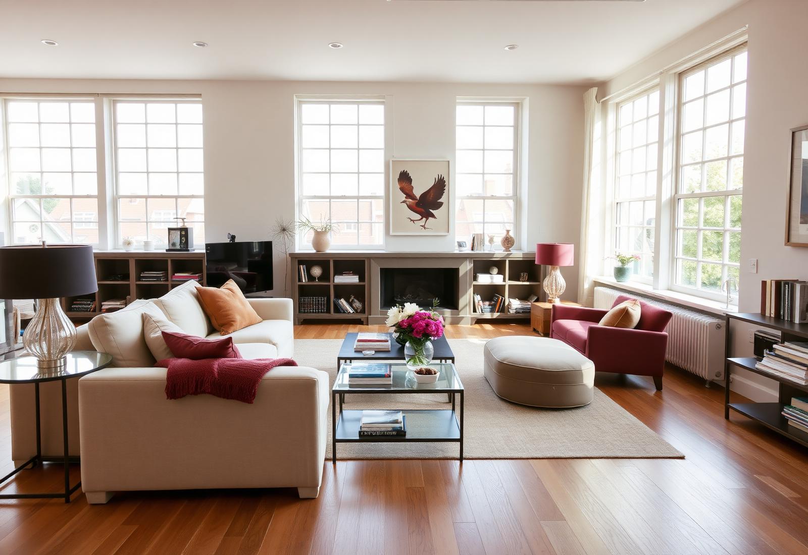 Bright, calm apartment interior with neutral furnishings and warm natural light